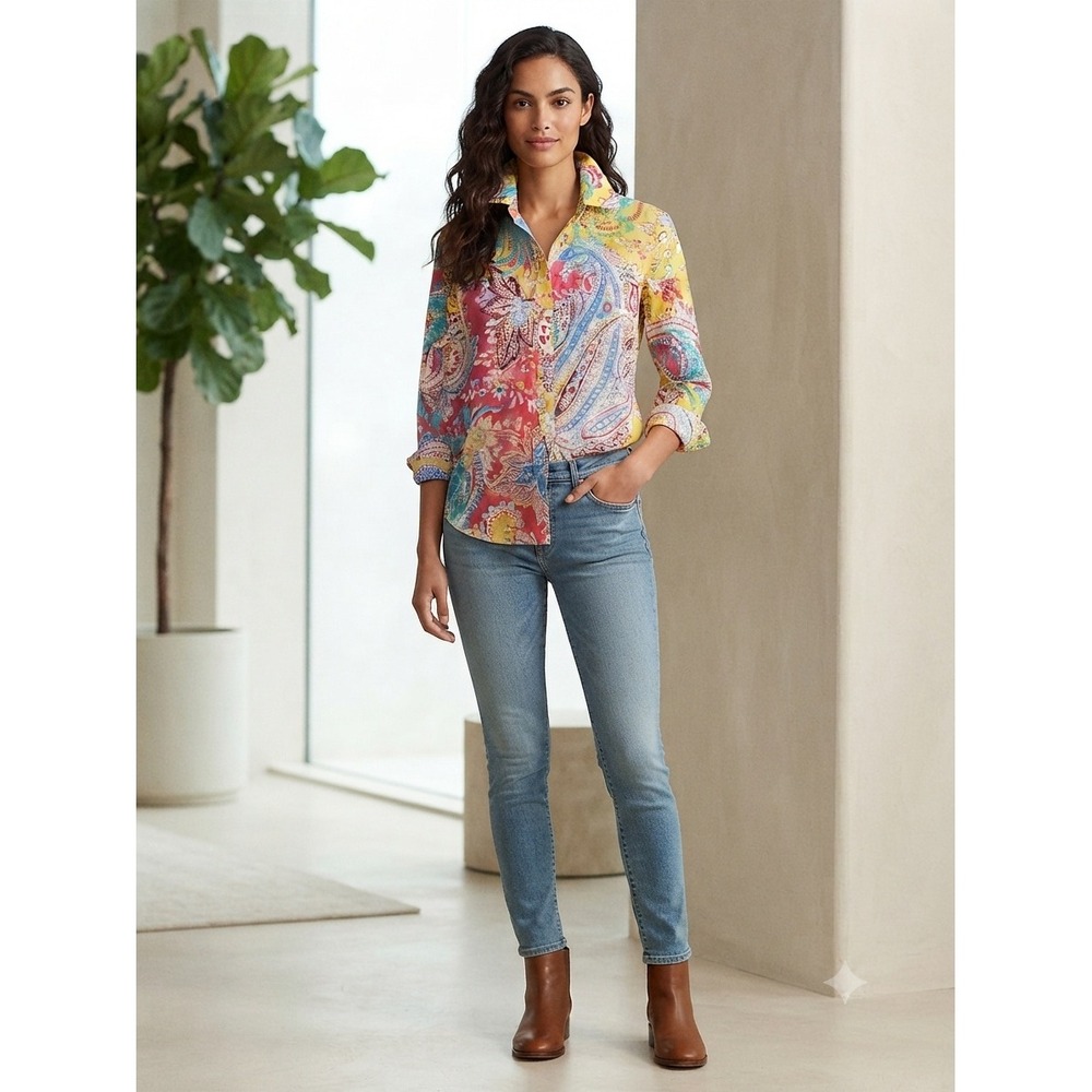 Lauren Ralph Lauren Cotton Paisley Button Down Shirt Multi-Color Boho Size Large